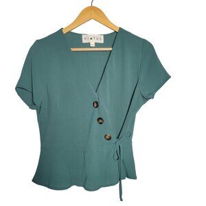 Hiatus Teal Wrap Front Blouse with Faux Buttons Size L